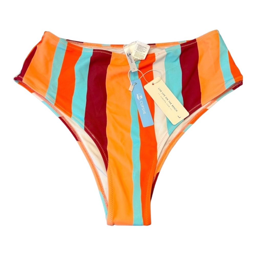 Cupshe NWT Bikini Bottoms Peach High Waisted with Stripes Size Large